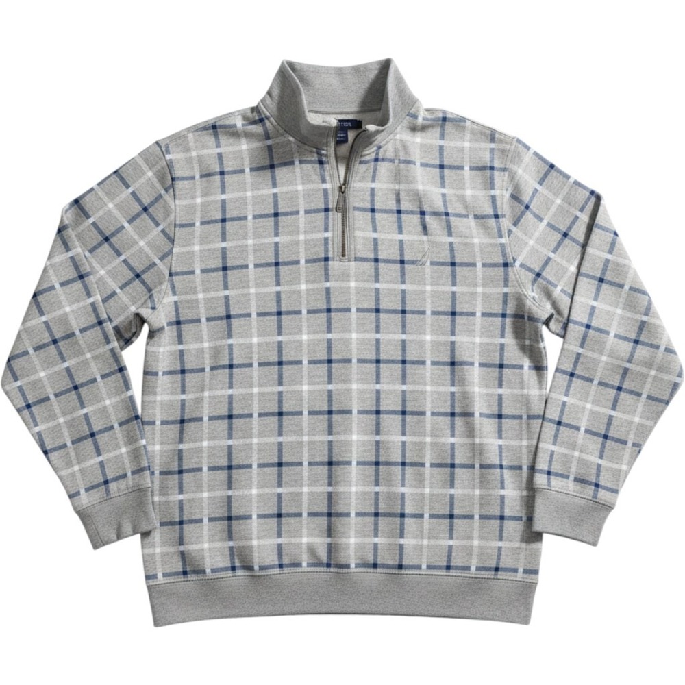 Nautica Mens XXL Grey Blue Plaid Quarter Zip Pullover Sweatshirt Mock Neck L/S